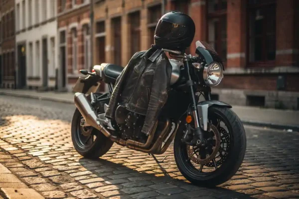 Moto garée sur pavés belges avec veste et casque en cuir sur la selle, lumière dorée de fin d'après-midi, façades en briques en arrière-plan.