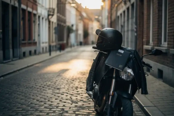 Moto garée sur pavés belges avec veste en cuir, casque et dossier juridique sous le guidon, lumière dorée de fin d'après-midi.