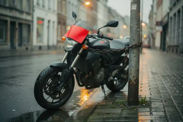 Moto enchaînée à un poteau avec un avis de suspension rouge sous le pare-brise, rue pavée belge sous un éclairage tamisé.