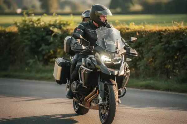 Motard et passager en tenue complète sur une moto de tourisme garée sur une route de campagne belge, lumière dorée de l'après-midi.