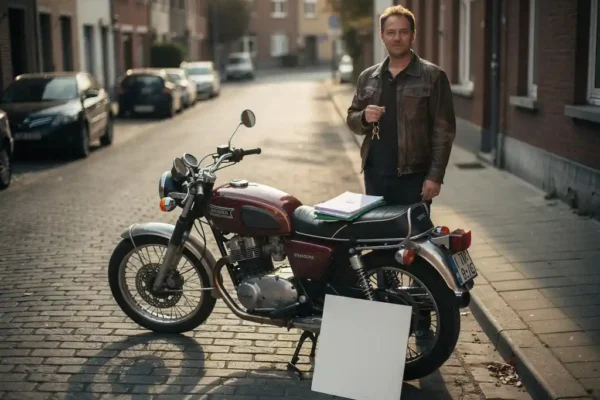 Moto à vendre sur une rue pavée belge, clés en main, dossier d'assurance sur la selle, lumière ambrée de fin d'après-midi.