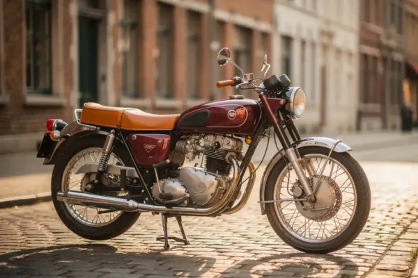 Moto vintage des années 1960 aux chromes étincelants et selle en cuir, garée sur un pavé belge baigné de lumière dorée.