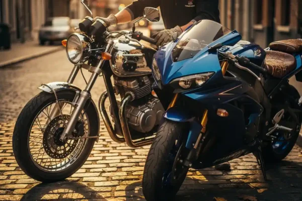 Moto vintage et sportive moderne côte à côte sur pavés belges, mains de mécanicien sur le réservoir ancien, lumière dorée d'automne.