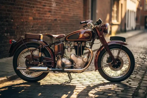 Moto vintage chromée garée sur des pavés belges, lumière dorée de l'après-midi sur le siège en cuir usé et mur de briques flou.