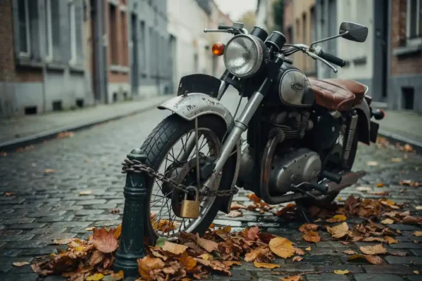 Moto vintage cadenassée sur pavés belges, feuilles d'automne accumulées autour des roues, chrome patiné et selle en cuir usée.