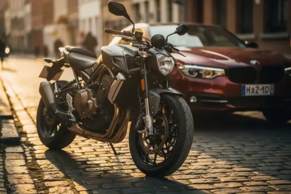 Moto élégante au premier plan sur une rue pavée belge ensoleillée, voiture floue en arrière-plan, lumière dorée de fin d'après-midi.