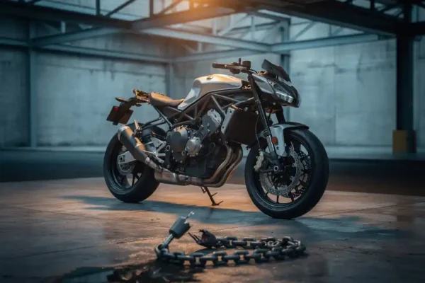 Moto dans un garage urbain sombre avec panneau latéral retiré exposant le moteur, chaîne antivol sectionnée sur le sol en béton.