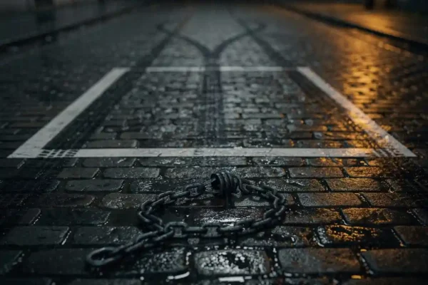 Emplacement vide sur pavés belges mouillés, cadenas brisé au sol, traces de pneus sous un lampadaire ambré évoquant un vol de moto.