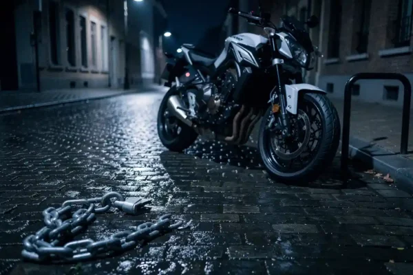 Moto garée sur des pavés belges mouillés la nuit, chaîne antivol coupée abandonnée au sol, ambiance tendue sous un éclairage urbain.