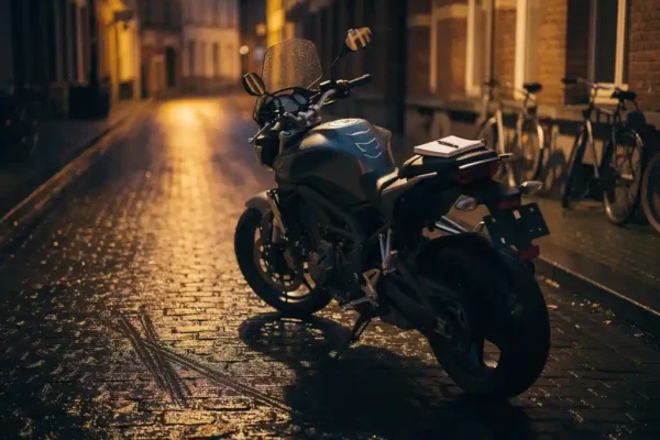 Moto abandonnée la nuit sur une rue belge mouillée, rétroviseur cassé et rayures sur l'asphalte, éclairée par un lampadaire ambré.