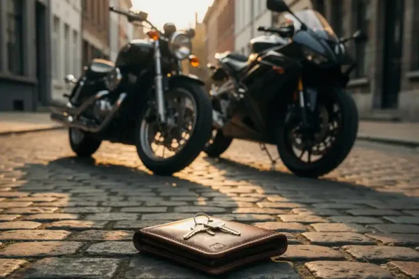 Deux motos, une cruiser classique et une sportive moderne, garées sur des pavés belges avec un portefeuille en cuir et des clés au premier plan.