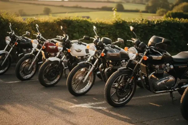 Motos garées en groupe dans un parking de campagne belge, chromes brillants sous une lumière dorée, haies verdoyantes en arrière-plan.