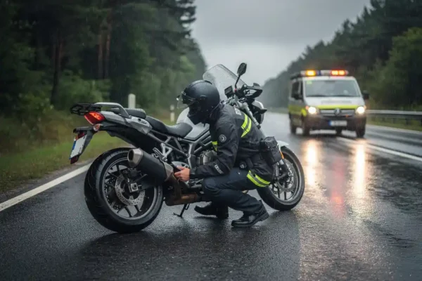 Motard accroupi inspectant la roue arrière de sa moto en panne sur une route belge mouillée, van d'assistance routière en approche.