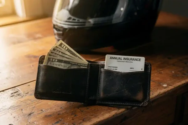 Portefeuille moto en cuir ouvert sur un bureau en chêne, reçus mensuels et document d'assurance moto annuel visibles, casque noir en arrière-plan.