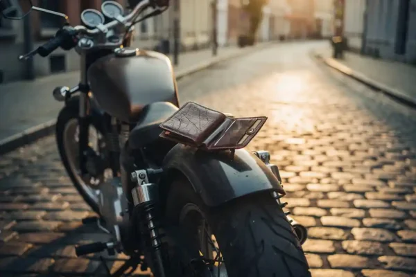 Moto garée sur pavés belges avec un portefeuille en cuir usé ouvert sur le siège, révélant des compartiments vides, lumière dorée.
