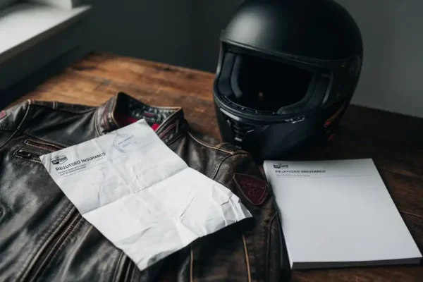 Formulaire d'assurance refusé posé sur une veste moto en cuir vieilli, casque noir et nouvelle police vierge sur un bureau en bois.