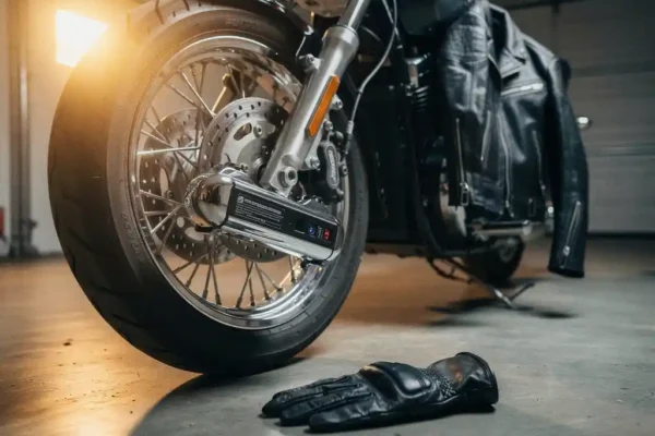 Antivol et alarme de moto fixés sur une roue chromée, main gantée de cuir au sol, éclairage doré de garage en arrière-plan.