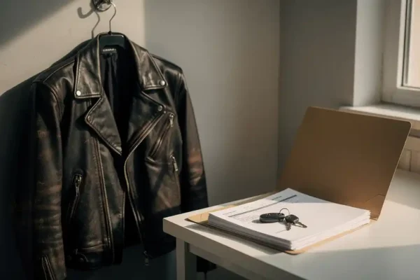 Veste moto en cuir vieilli accrochée près d'un bureau blanc, clés de moto posées sur des documents d'assurance, lumière naturelle douce.