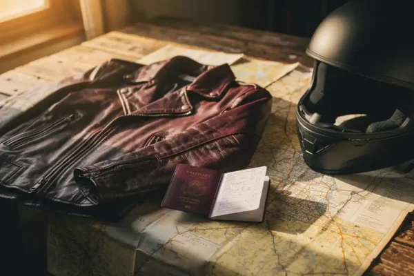 Veste moto en cuir vieilli et passeport ouvert sur une carte routière, casque noir poli posé à côté, lumière dorée tamisée.