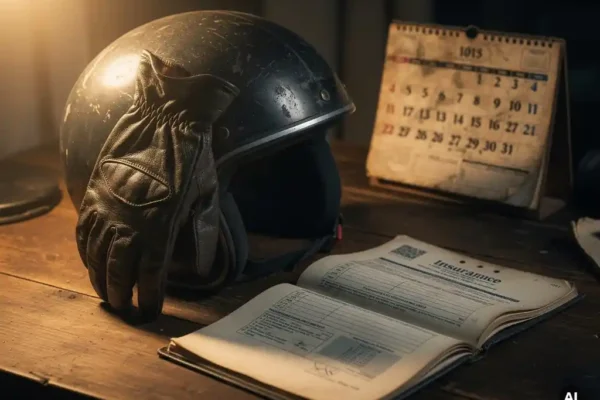 Casque moto vieilli posé sur un bureau en bois avec un document d'assurance ouvert, gant en cuir et calendrier vintage évoquant l'ancienneté du conducteur.