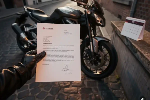 Main d'un motard ganté tenant un document d'assurance moto sur une rue pavée belge, moto chromée en arrière-plan.