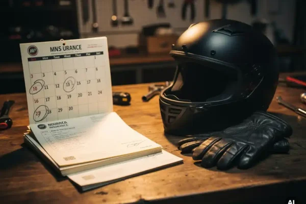 Document d'assurance moto et calendrier avec échéances marquées sur un établi, casque noir et gants en cuir posés à proximité.