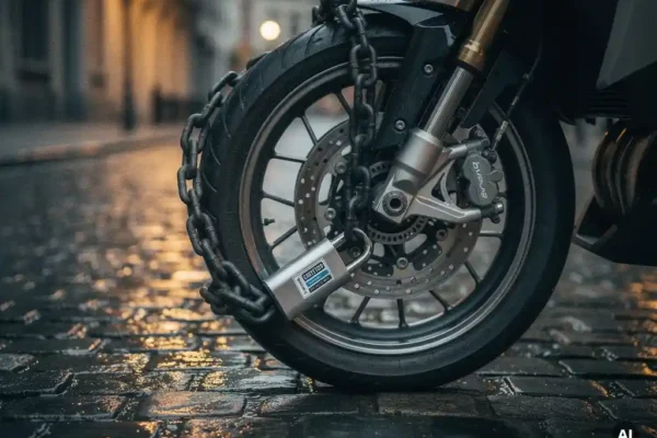 Antivol chaîne moto enroulé autour d'une roue sur pavés belges mouillés, étiquette de sécurité certifiée visible, éclairage urbain ambré.