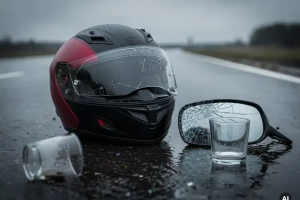 Casque de moto sur asphalte mouillé près d'un rétroviseur brisé et un verre abandonné, évoquant un accident lié à l'alcool.