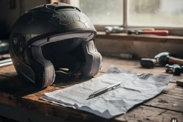 Casque de moto endommagé posé près d'un document d'assurance froissé sur un établi, avec un stylo et une lumière naturelle tamisée.