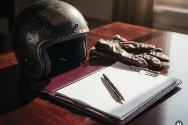 Casque moto et gants en cuir posés près d'un dossier juridique sur un bureau en bois, lumière dorée de l'après-midi.