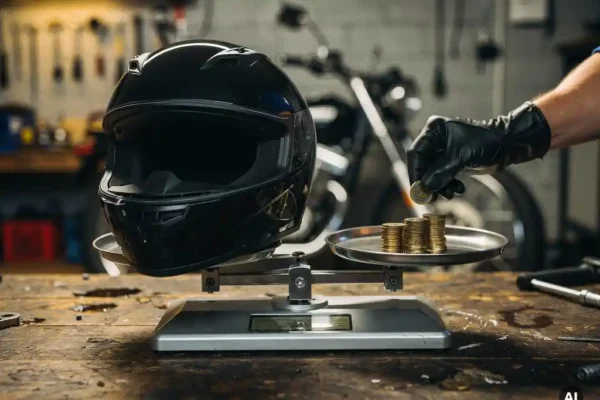 Main gantée de motard déposant une pièce sur une balance pesant un casque moto face à des euros, sur un établi d'atelier.