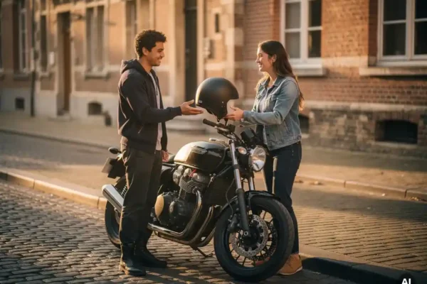 Couple échangeant un casque près d'une moto garée sur une rue pavée belge, lumière dorée de l'après-midi, façade en briques en arrière-plan flou.