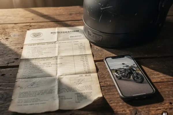 Documents d'immatriculation et facture d'achat de moto posés sur un bureau en bois, avec un casque noir et un smartphone affichant la moto.