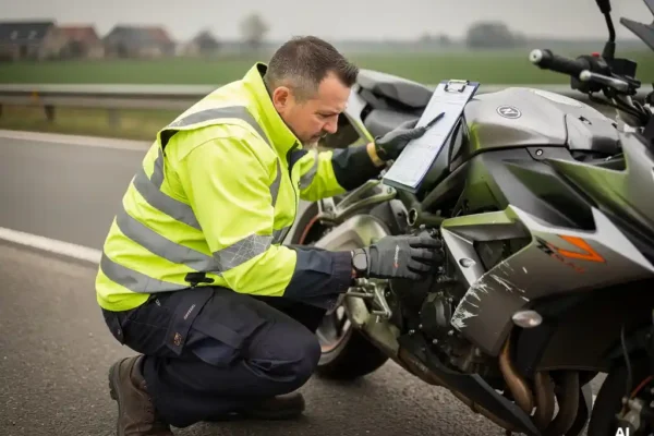 Assesseur en assurance moto examinant une carrosserie endommagée au bord d'une route belge, presse-papiers posé sur le réservoir.