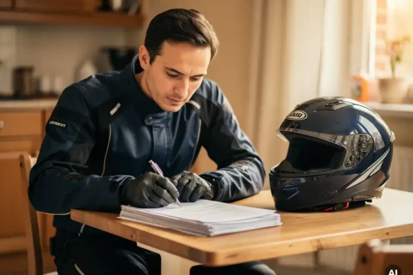 Motard en tenue complète examinant des documents d'assurance à une table en bois, casque posé nearby, lumière ambrée d'intérieur belge.