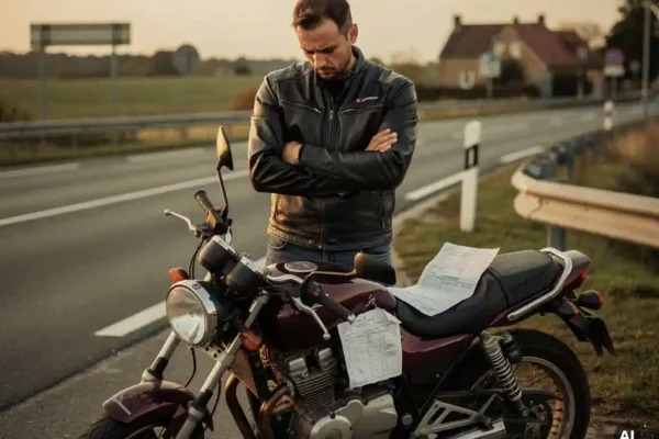 Motocycliste frustré au bord d'une route belge, bras croisés, consultant un document d'expertise assurance près d'une moto endommagée.