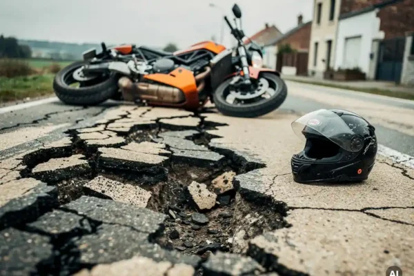 Moto renversée sur une route belge fissurée, casque posé sur l'asphalte abîmé, éclairage naturel diffus.