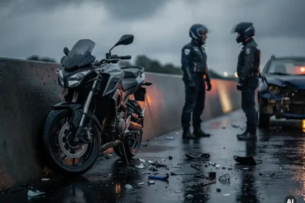Moto accidentée contre une barrière en béton sur une route belge mouillée, deux motards casqués en posture tendue sous un éclairage dramatique.