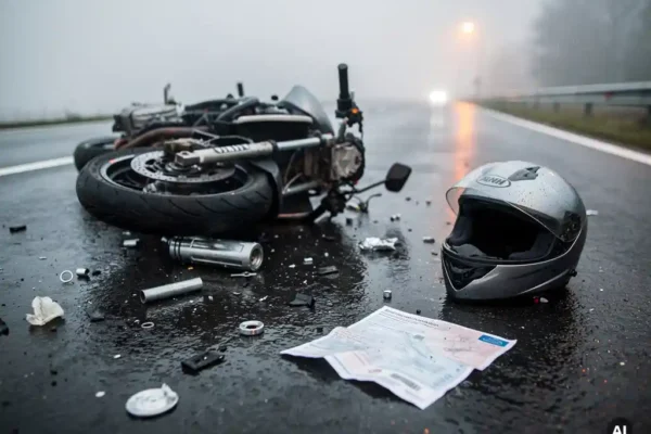 Moto accidentée sur le côté d'une route belge mouillée, débris épars, document d'assurance froissé et casque visibles au sol.