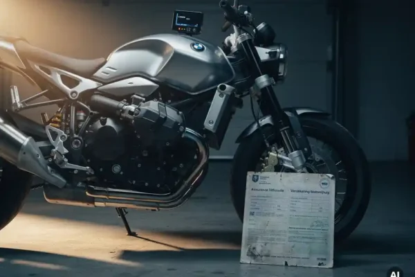 Moto garée dans un garage sombre avec alarme compacte sur le réservoir et document d'assurance moto belge appuyé contre la roue.