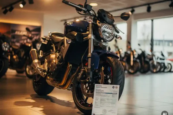 Moto chromée dans un showroom avec un document d'assurance belge appuyé contre la roue avant, éclairée par des spots dorés.
