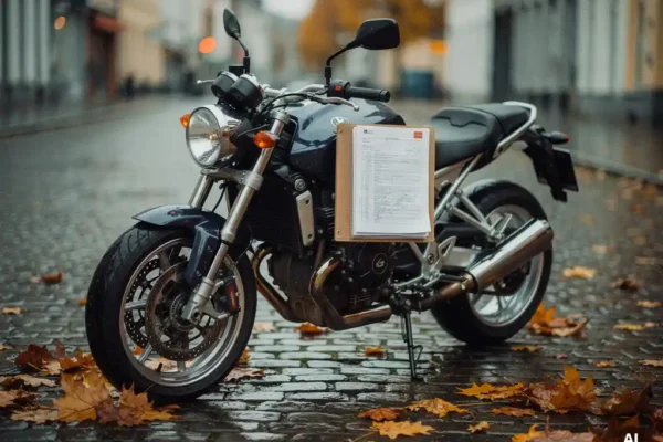 Moto garée sur des pavés belges mouillés avec un dossier d'assurance appuyé contre le réservoir, feuilles d'automne au sol.