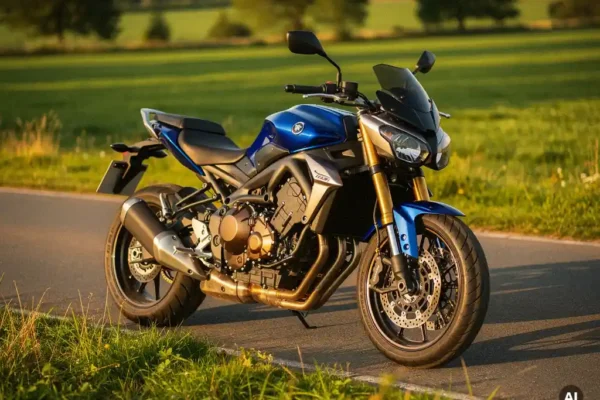 Moto garée au bord d'une route belge baignée de lumière dorée, avec campagne verdoyante en arrière-plan.