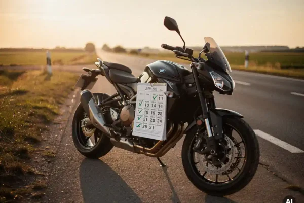 Moto garée sur une route belge ensoleillée, calendrier multi-années avec coches apposé contre le réservoir, lumière dorée de fin de journée.