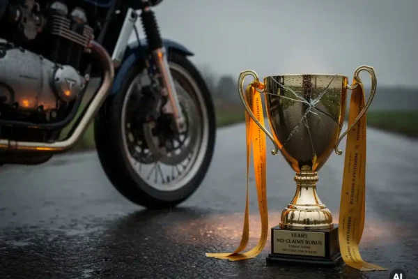 Moto usée garée sur une route belge mouillée, trophée brillant fissuré symbolisant la perte du bonus sans sinistre, rubans dorés intacts.