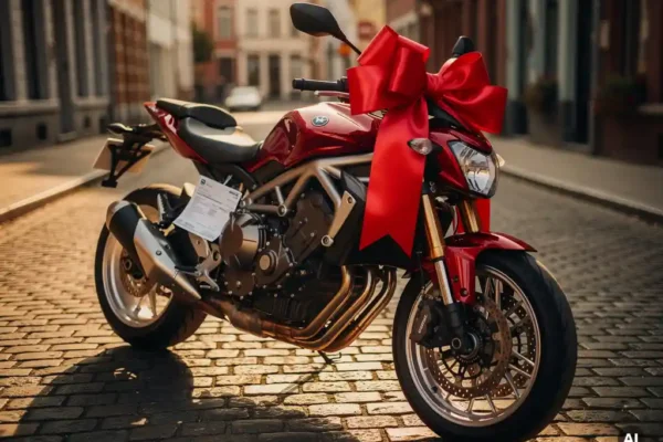 Moto chromée avec grand nœud cadeau rouge sur le guidon, garée sur des pavés belges baignés de lumière dorée.