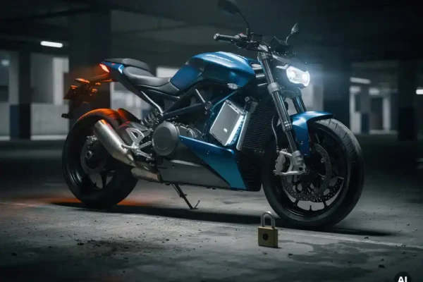 Moto électrique garée dans un garage urbain sombre, batterie lithium amovible exposée sous un éclairage focalisé, cadenas posé sur le sol en béton.
