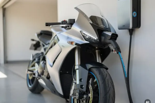 Moto électrique noire branchée à une borne de recharge murale dans un garage résidentiel, câble connecté au port de charge.