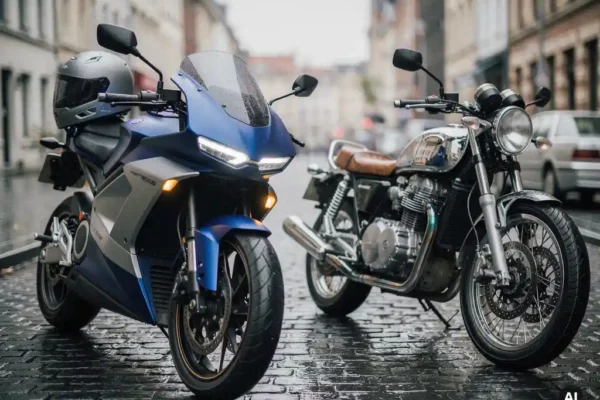 Moto électrique et moto à essence garées côte à côte sur des pavés belges mouillés, casque posé sur la selle, lumière douce et diffuse.