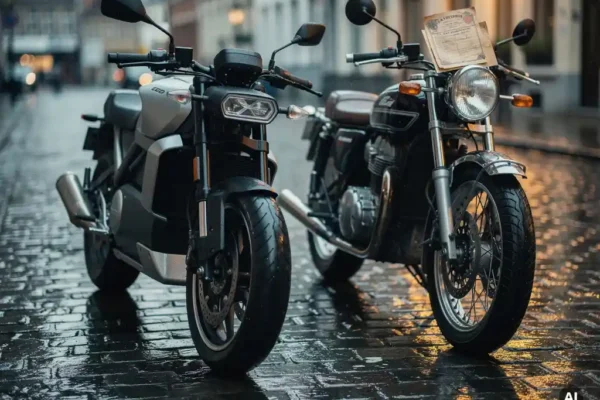 Moto électrique et moto à essence côte à côte sur une rue belge sous la pluie, document d'assurance glissé sous un guidon.